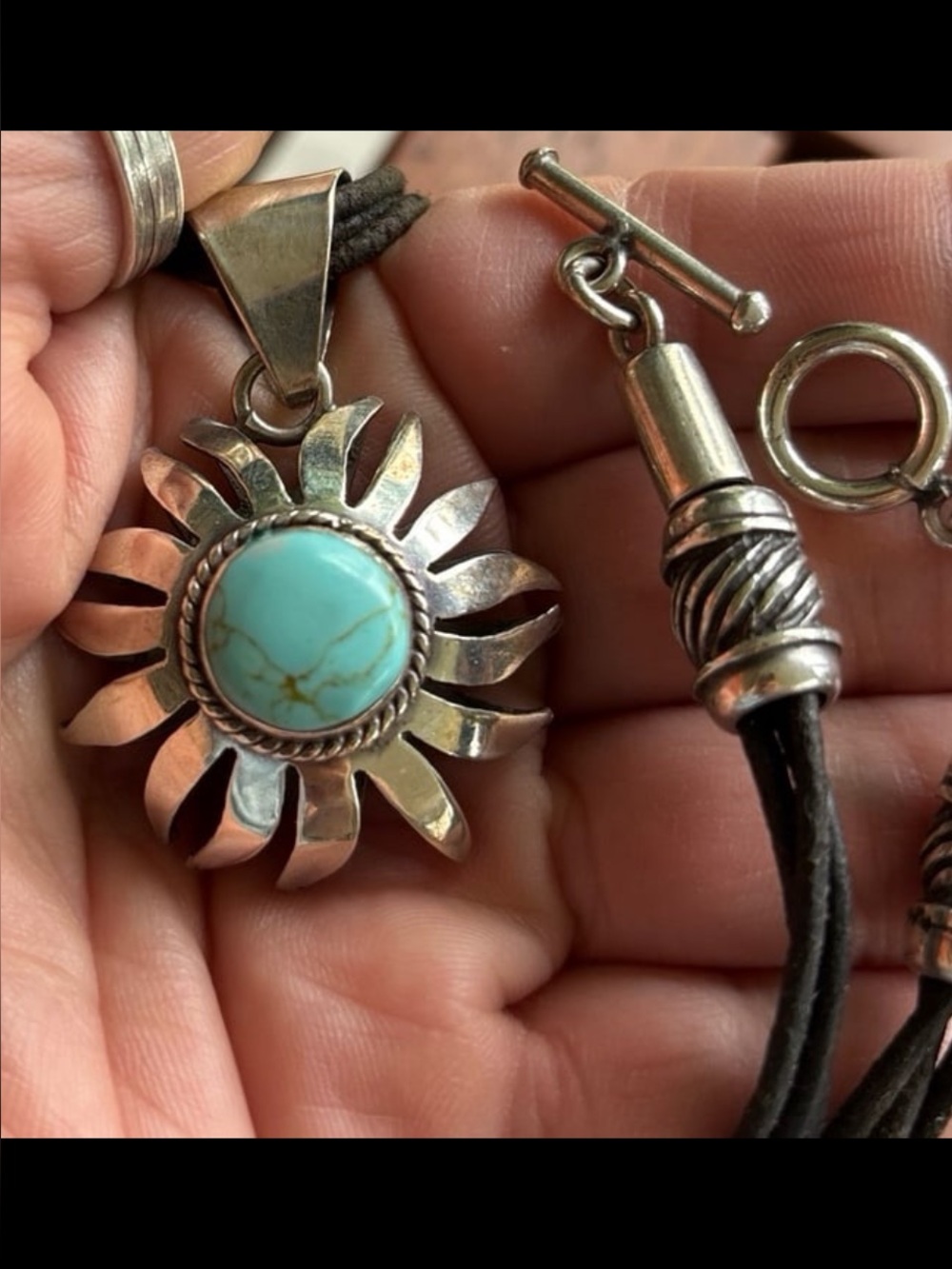 Sterling Silver Sunburst Pendant Necklace with Turquoise Stone - Turquoise